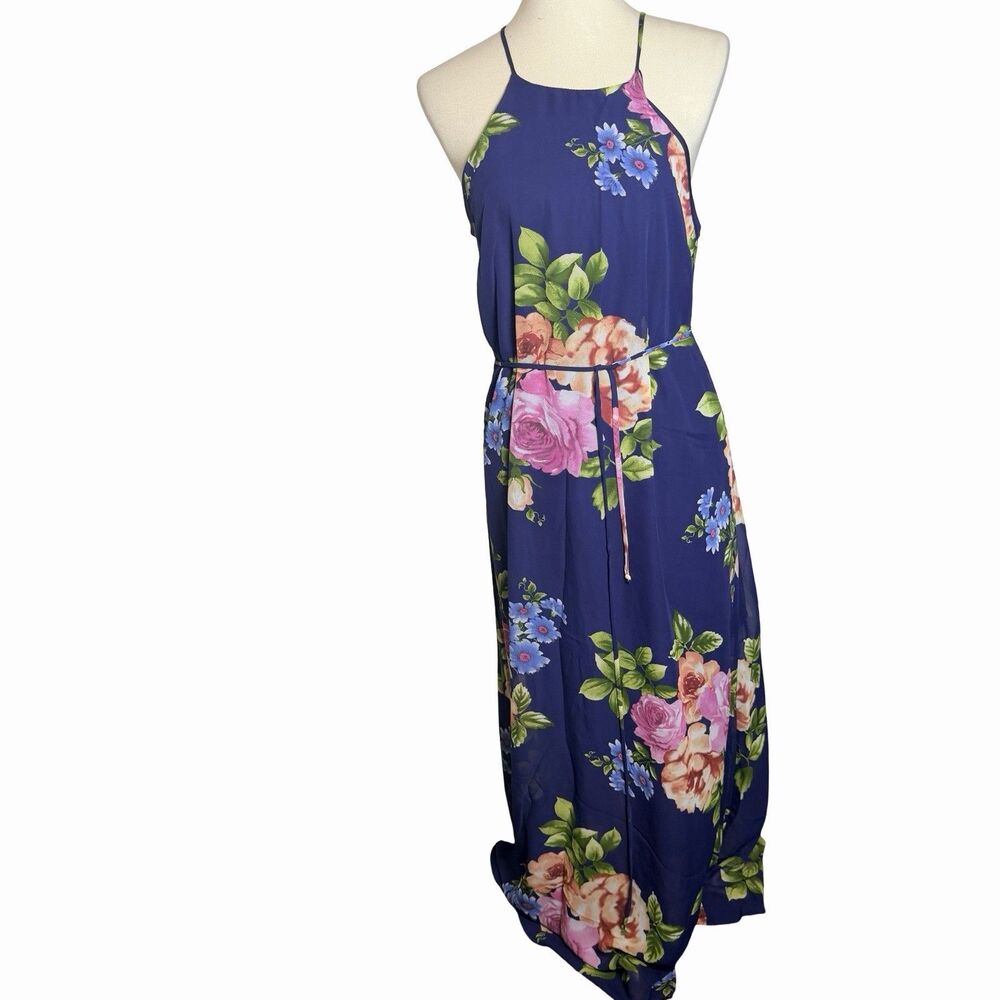 Halter Maxi Dress Women's Size Medium Blue Floral Tie Made in USA Peppermint